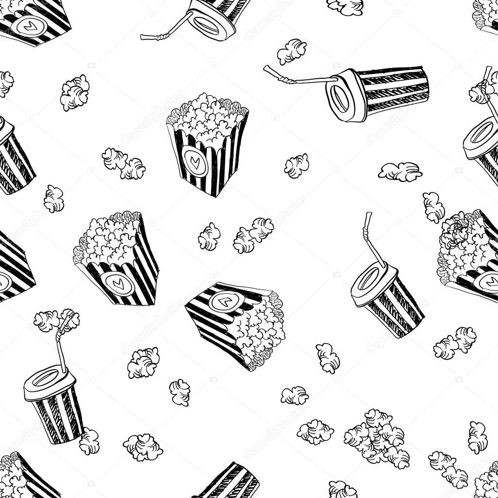 Vector illustration with hand drawn seamless doodles pattern of popcorn bucket. Cinema snack. Hand drawn fast food. Movie time.