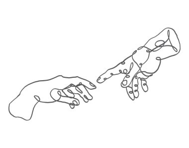 Sürekli bir çizgi çiziyor. Adem ve Tanrı 'nın elleri. Doğrusal biçim vektörü