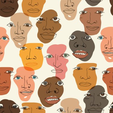 Çoklu etnik yapılar kusursuz şekillerle karşılaşıyor. Farklı etnik kökenli erkekler, Kafkasyalı, Afrikalı, Asyalı. Vektör arkaplanı