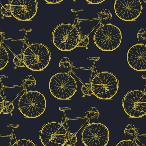 Bicicletas Amarelas Desenhadas Mão Padrão Sem Costura Fundo Preto —  Vetores de Stock