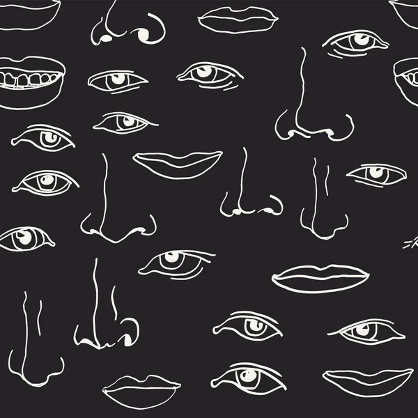 Face Parts Nose Eyes Mouth Seamless Linear Pattern Black — Stock Vector