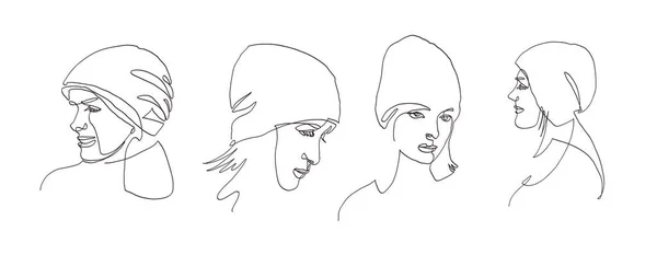 Retratos Modernos Abstractos Mujer Sombrero Caliente Línea Continua Ilustración Vectorial — Vector de stock