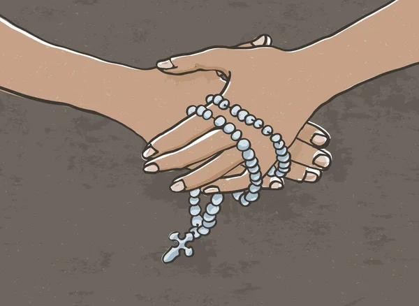 Hands Folded Beads Calm Scene Line Vector Illustration Brown Textured — Stock Vector