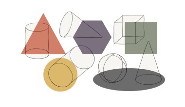 Kablo şeklindeki katı şekiller ve renkli geometrik şekiller. Soyut sanat arkaplanı.
