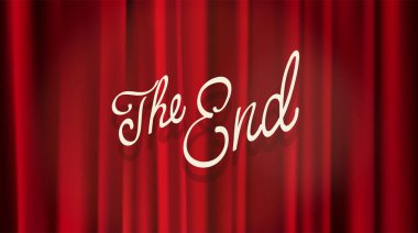 Kırmızı perdeli ve spot ışıklı Bitiş sahnesi. Konser, gösteri, performans soyut arkaplan. Tiyatroda veya sinemada kırmızı kadife perde. 