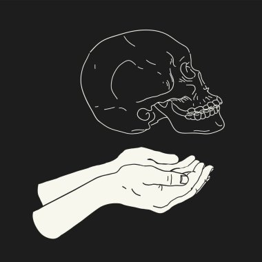 Bir adamın elinde bir insan kafatası, siyah üzerine izole edilmiş. Yorick 'in mezarında Shakespeare' in Hamlet sahnesi. Zavallı Yorick..