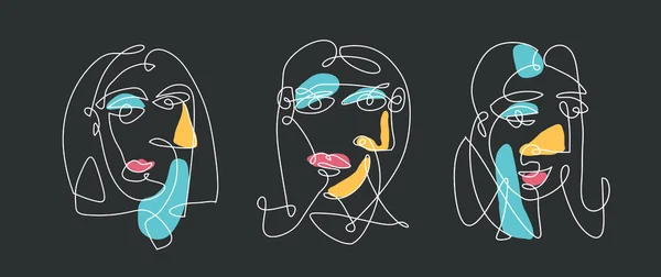 Línea Continua Caras Abstractas Mujer Estilo Arte Cubismo Ilustración Vectores — Archivo Imágenes Vectoriales