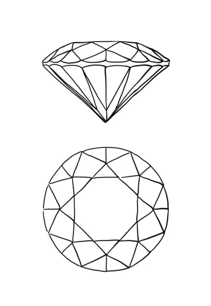 Illustrazione Diamante Disegnato Mano Vista Superiore Laterale Isolato Bianco Simbolo — Vettoriale Stock