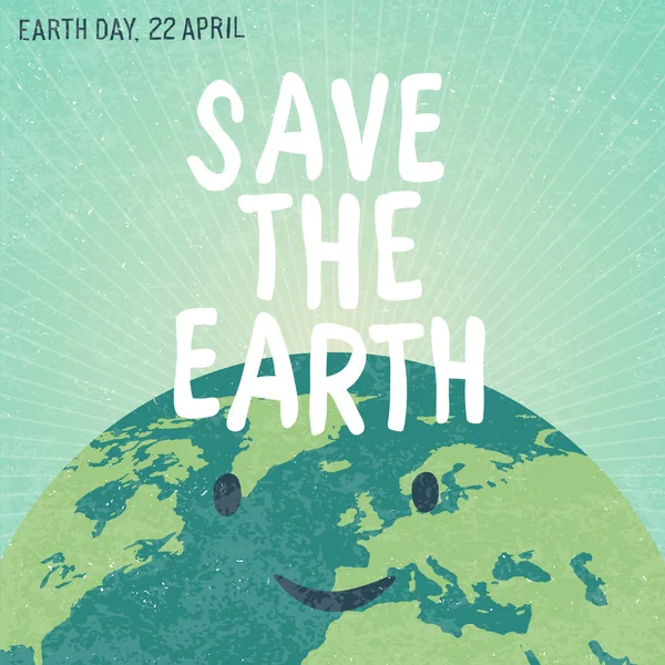 Vintage Earth Day Affisch Leende Planet Earth Illustration Strålar Och — Stock vektor