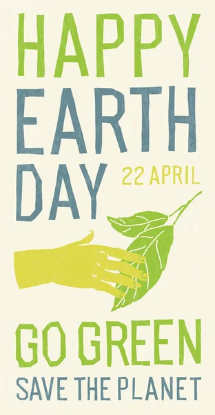 Plakat Happy Earth Day Kwietnia Ręka Mężczyzny Delikatnie Dotyka Zielonego — Wektor stockowy