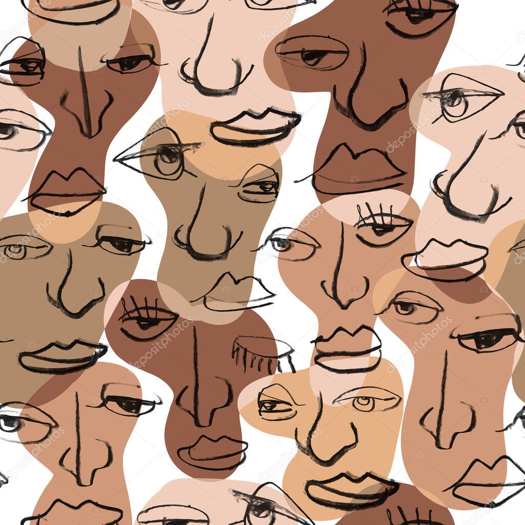 Many faces seamless pattern, made up of different eyes, mouths, noses. Seamless vector background.
