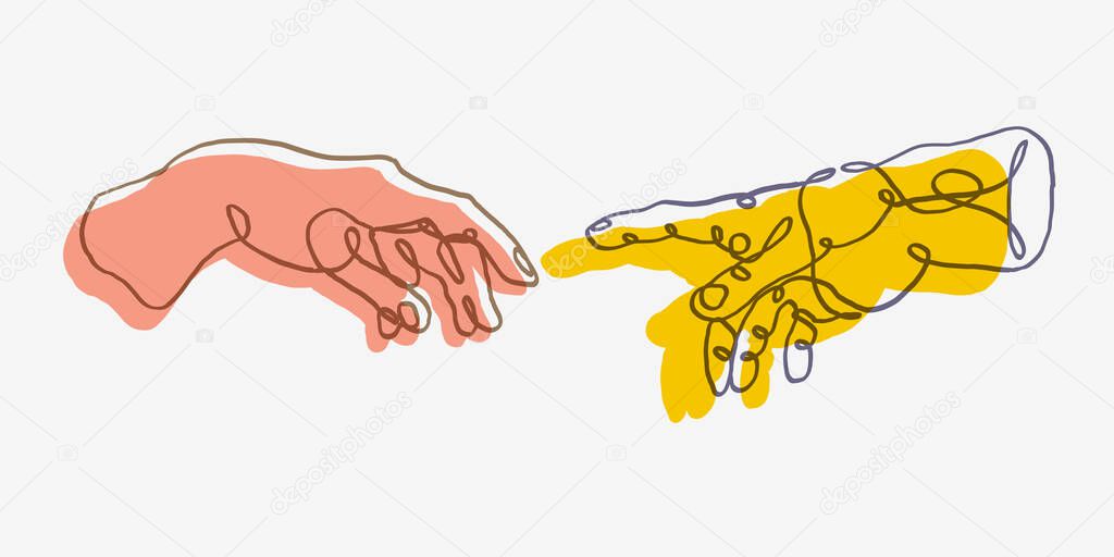 Reaching hands from The Creation of Adam of Michelangelo illustration reproduction. Vector illustration