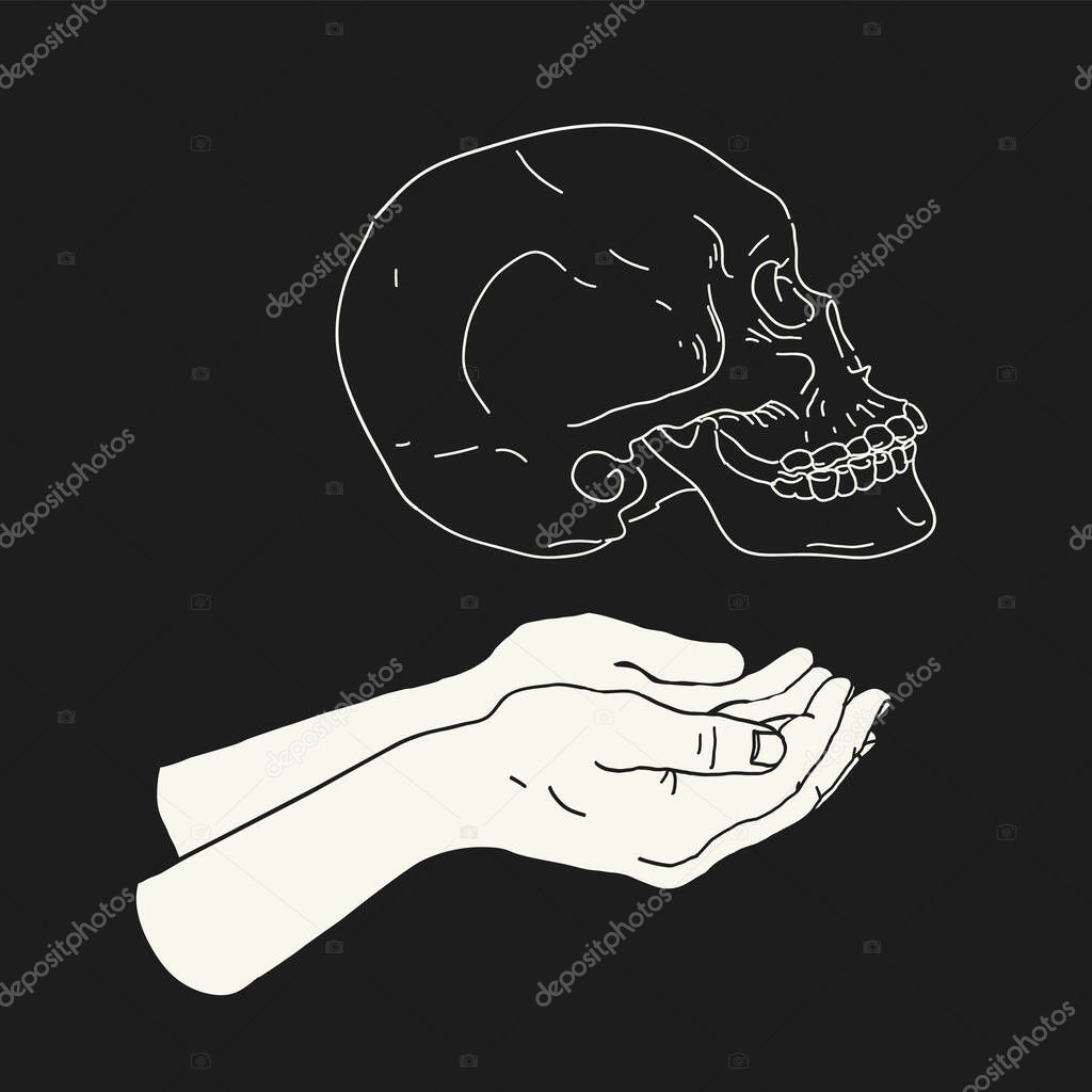 A human skull in a man's hands, isolated on black. Shakespeare's Hamlet scene at the grave of Yorick. Poor Yorick.