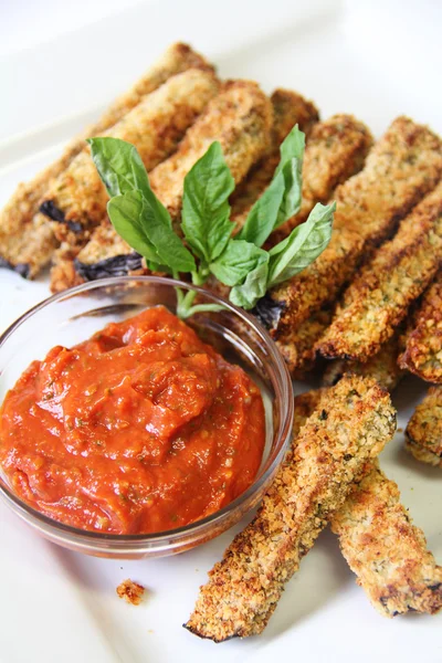 Tomato sauce with eggplant fries — Stock Photo, Image