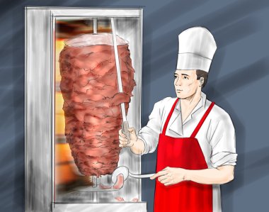 Bir şef döner kebap büyük bıçakla keser..