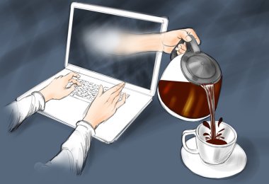 Bilgisayardan çıkan bir el ile kahve fincan doldurur.