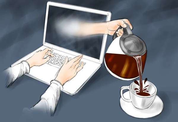 Rękę wydobywający się z komputera wypełnia kubek z kawą. — Zdjęcie stockowe
