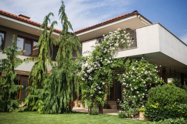 Evin bir kısmı gökyüzüne karşı bahçeye ve iyi korunmuş topraklara bakıyor. 