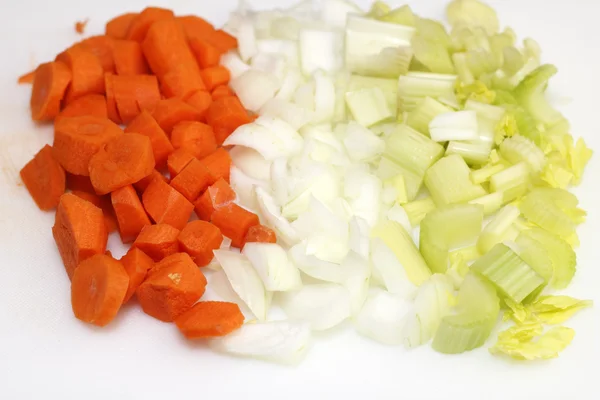 Cenouras picadas, cebolas e aipo — Fotografia de Stock