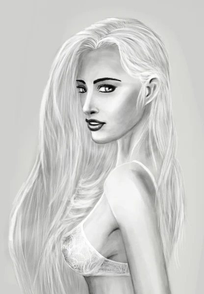 Painting of woman with long light hair in white bra — Stock Photo, Image