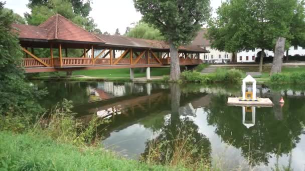 Houten brug over de rivier de Donau — Stockvideo