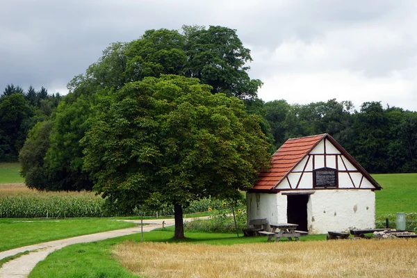 Старый фермерский дом рядом с дорожкой на поле — стоковое фото