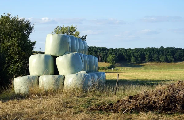 Hoop van stro gerold op het veld in Frankrijk — Stockfoto