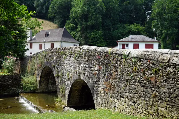 Vecchio ponte di pietra e case — Foto Stock