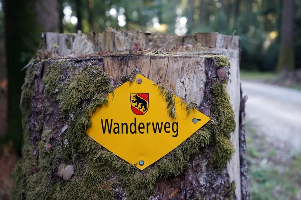 A sárga, a túra a Wanderweg trail ib a svájci erdő jel helyettes — Stock Fotó