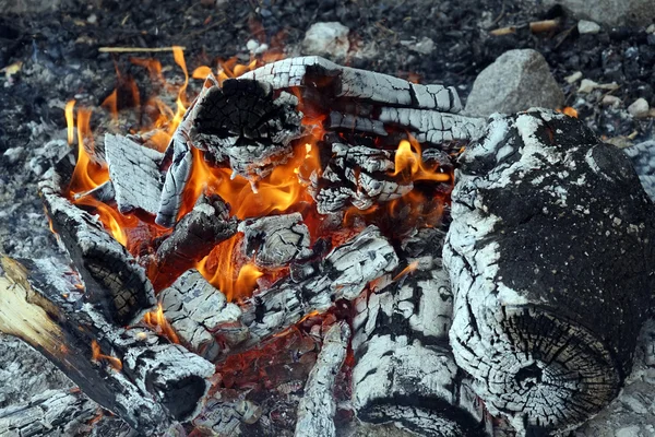 Kamp zemin ateşin ortasına — Stok fotoğraf