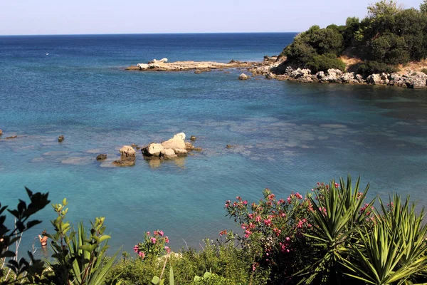 Güzel Akdeniz Tatil Konsepti Olarak Bitki Örtüsü Ile Deniz Kenarı — Stok fotoğraf