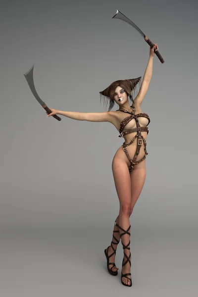 Menina guerreira de armadura branca com espadas — Fotografia de Stock
