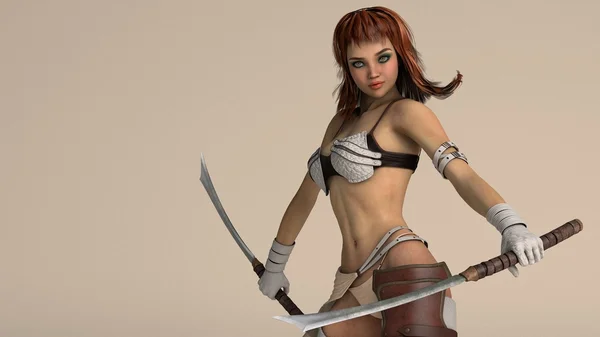 Krigare flicka poserar med två svärd — Stockfoto