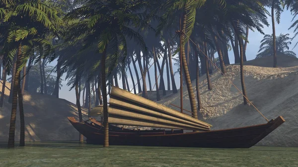 Boat on palms shore — Stock Photo, Image
