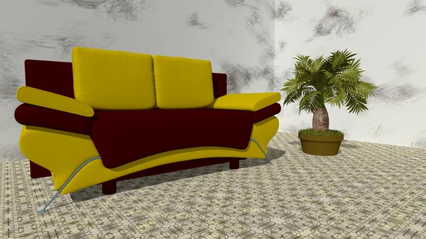 Gelbes Sofa mit grüner Pflanze im Zimmer — Stockfoto