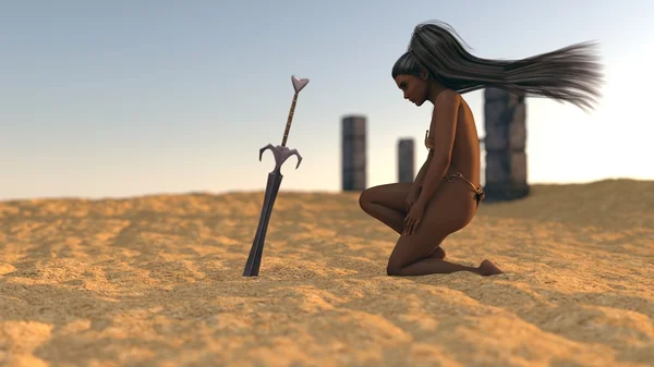 Mystery girl with sword in desert — Stock Photo, Image