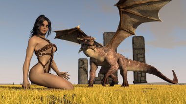 Kız ve yeşil çayır üzerinde dragon