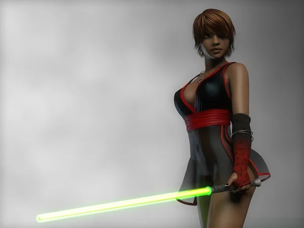 Sexy girl with green lightsaber — Stock Photo, Image