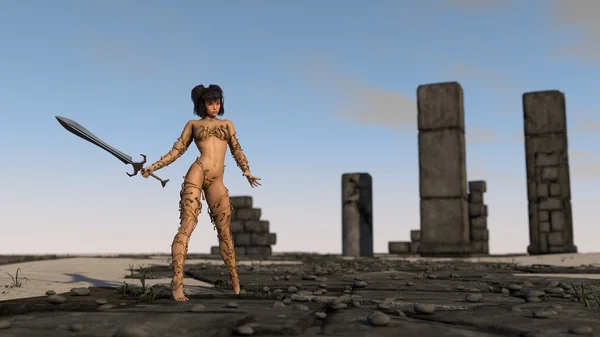 Warrior meisje onder ruïnes — Stockfoto