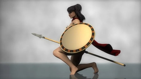 Kalkan ve mızrak ile Spartalı savaşçı kız — Stok fotoğraf