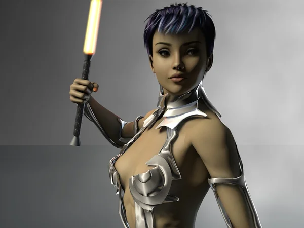 Warrior girl with lightsaber — Stock Photo, Image