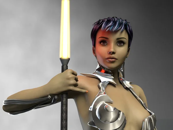 Warrior girl with lightsaber — Stock Photo, Image