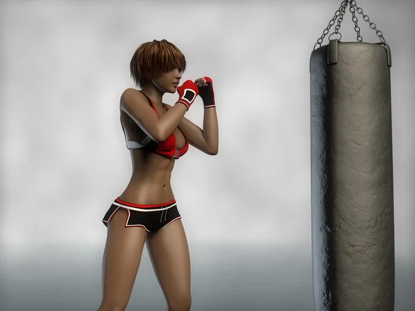 Boxer flickan med slagsäck — Stockfoto
