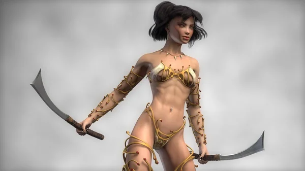 Asiatische Kriegerin Mädchen mit Schwertern — Stockfoto