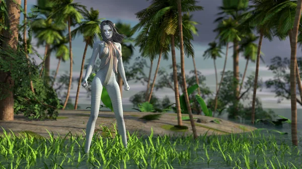 Blauwe buitenaardse humanoïde in jungle — Stockfoto