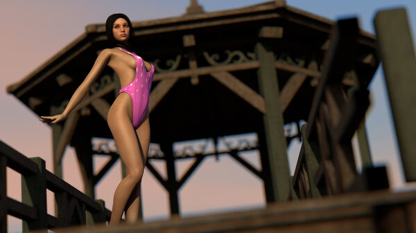 Sexy girl posing on wooden pier