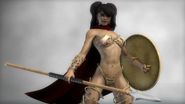 Menina guerreira espartana com escudo e lança — Fotografia de Stock