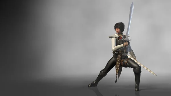 Kriegermädchen in Lederrüstung mit Schwert — Stockfoto