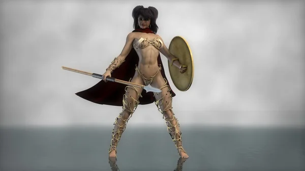 Menina guerreira espartana com escudo e lança — Fotografia de Stock