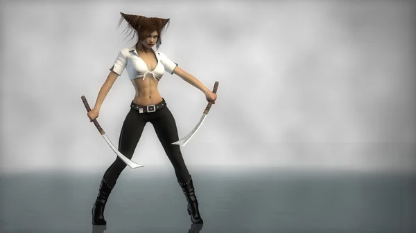 Guerreiro menina de pé com duas espadas — Fotografia de Stock